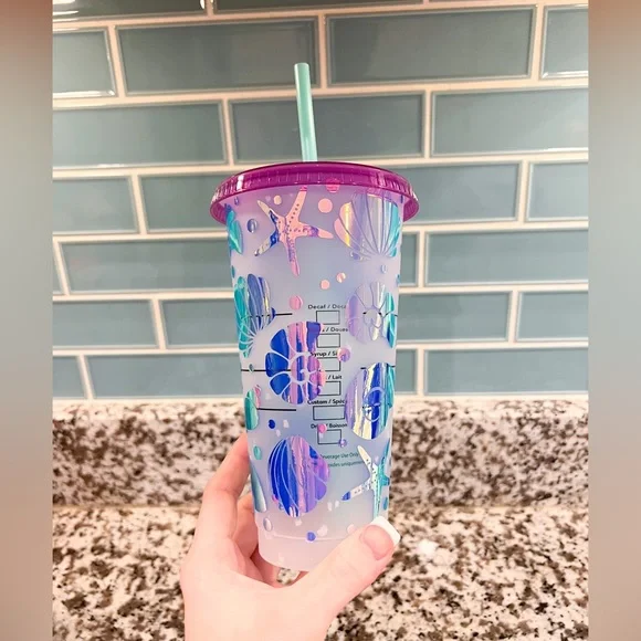 Starbucks Color changing Speckled cold cup w lid & straw NEW shell beach design - Picture 4 of 5